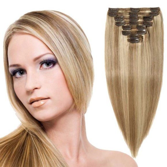 8 Pcs Double Weft Straight Clip In Remy Hair Extensions #18/613 - Picture 1 of 6